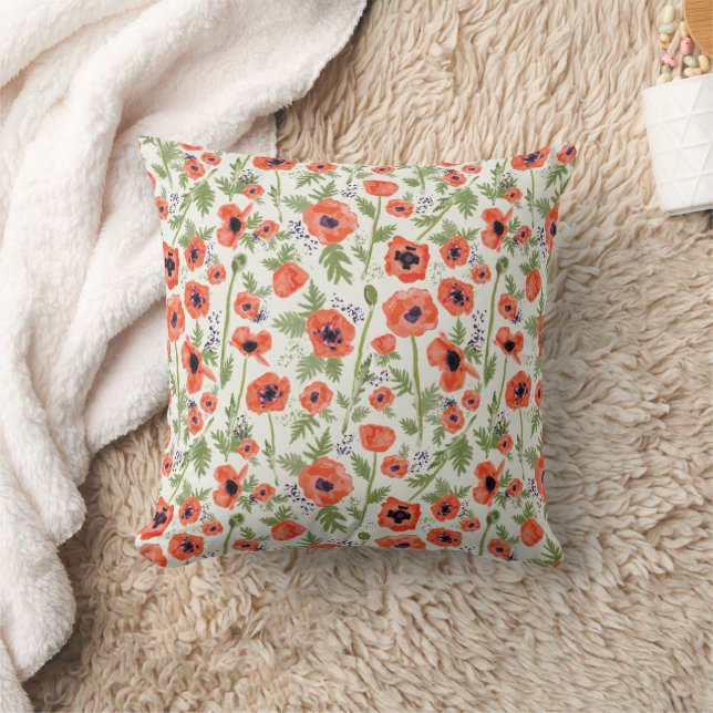 Poppies Orange Green Floral Pattern Cushion (Blanket)