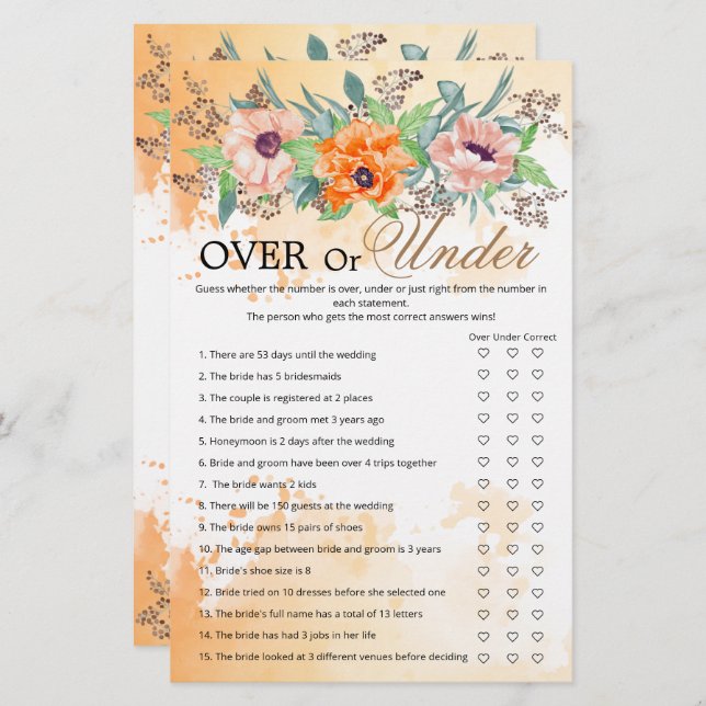 Poppies over or under bridal shower game (Front/Back)