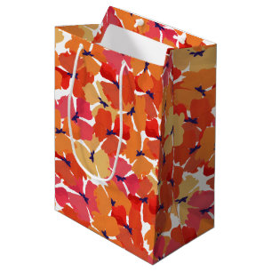 Poppies Pattern in Pink Orange and Yellow on White Medium Gift Bag
