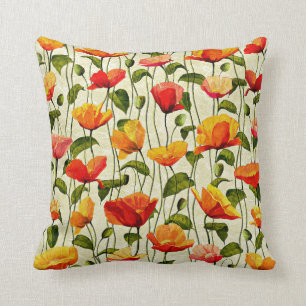 Poppies pattern, red and yellow, cushion