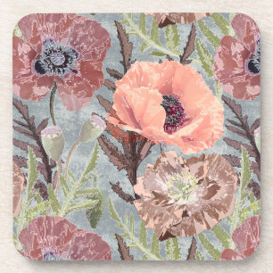 Poppies pink floral vintage grey background stylis coaster