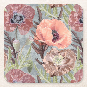 Poppies pink floral vintage grey background stylis square paper coaster