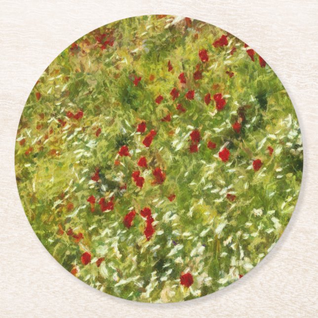 Poppies Pointillism Style Abstract Art Round Paper Coaster (Front)