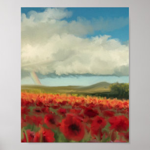 Poppies, rainbow and puffy clouds poster
