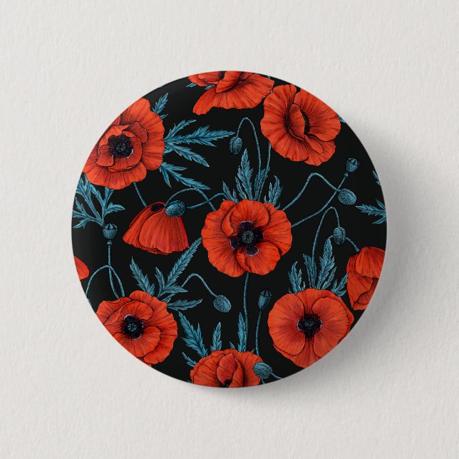 Poppies, red and blue on black 6 cm round badge (Front)
