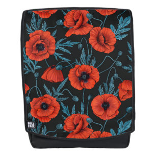 Poppies, red and blue on black backpack