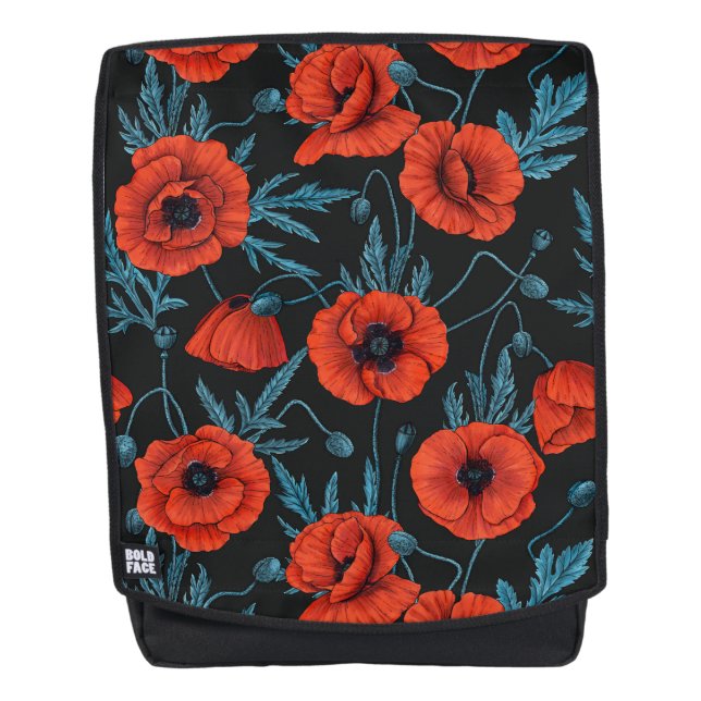 Poppies, red and blue on black backpack (Front)