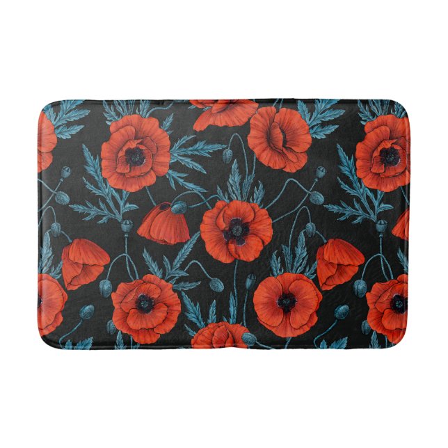 Poppies, red and blue on black bath mat (Front)