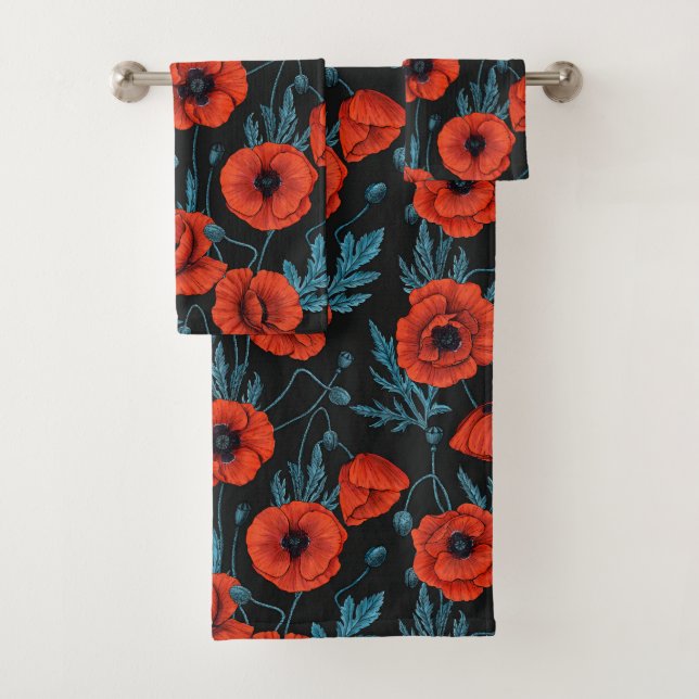 Poppies, red and blue on black bath towel set (Insitu)