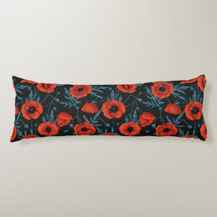 Poppies, red and blue on black body cushion