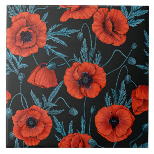 Poppies, red and blue on black ceramic tile