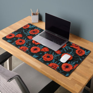 Poppies, red and blue on black desk mat