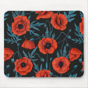 Poppies, red and blue on black mouse pad