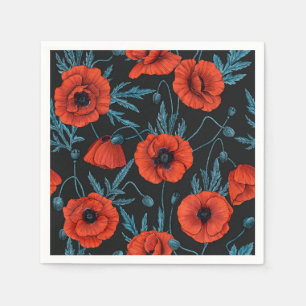 Poppies, red and blue on black napkin