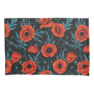 Poppies, red and blue on black pillowcase