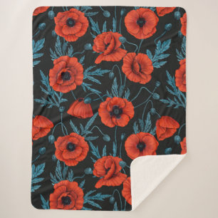 Poppies, red and blue on black sherpa blanket
