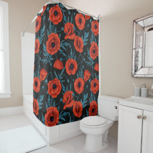 Poppies, red and blue on black shower curtain