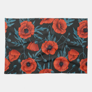 Poppies, red and blue on black tea towel
