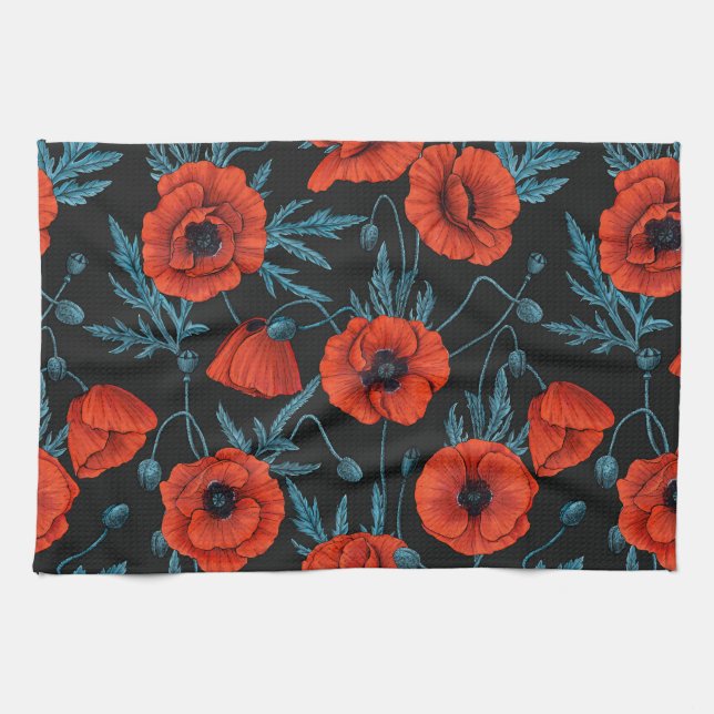 Poppies, red and blue on black tea towel (Horizontal)