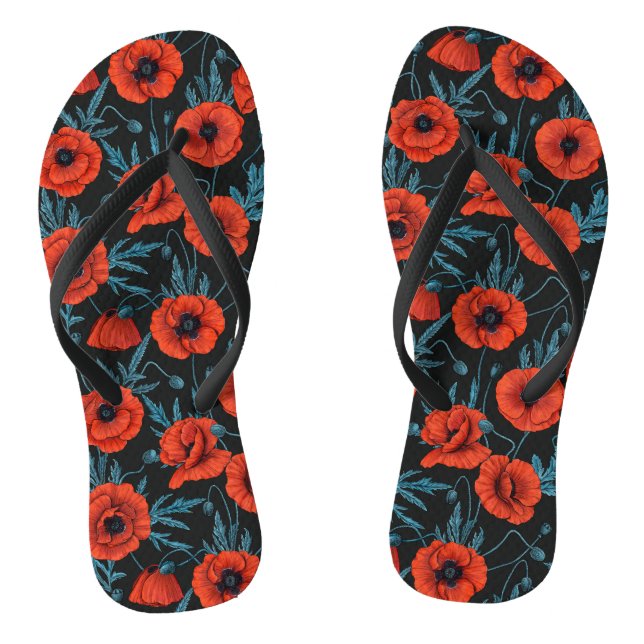 Poppies, red and blue on black thongs (Footbed)