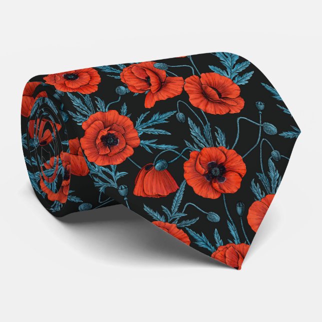 Poppies, red and blue on black tie (Rolled)