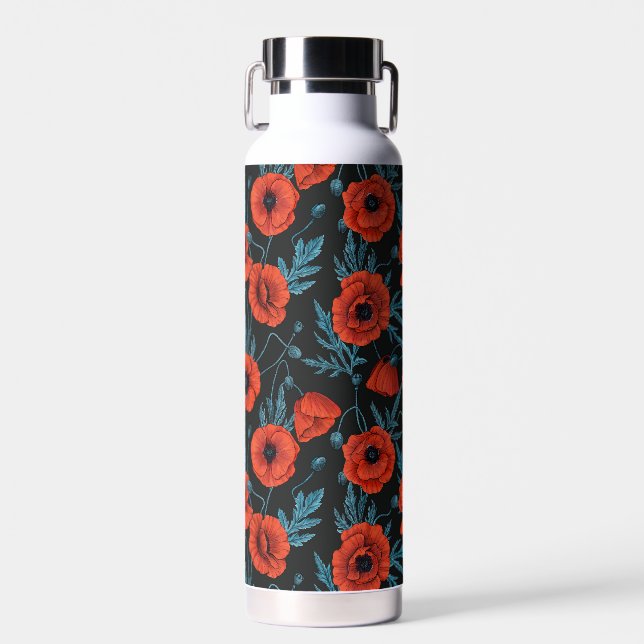 Poppies, red and blue on black water bottle (Front)
