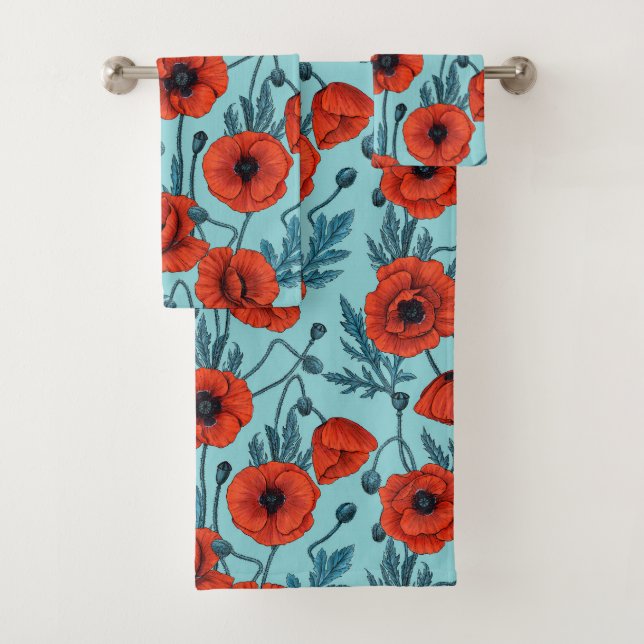 Poppies, red and blue on pool blue bath towel set (Insitu)