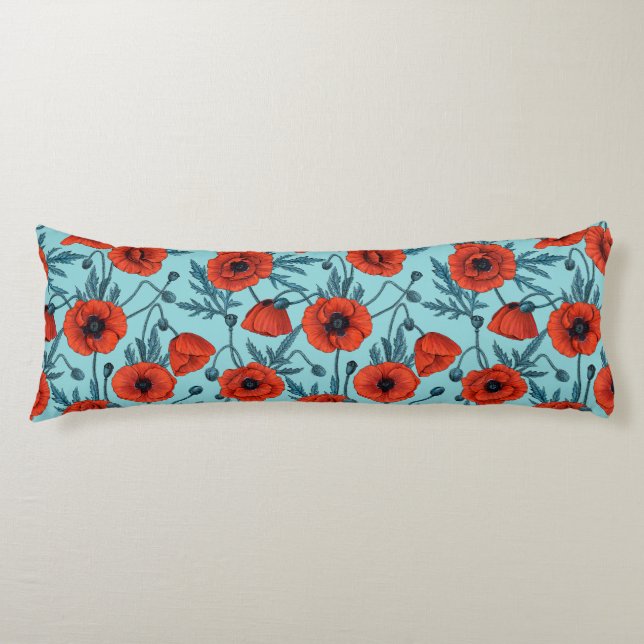 Poppies, red and blue on pool blue body cushion (Front)