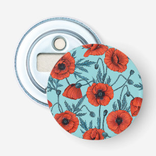 Poppies, red and blue on pool blue bottle opener