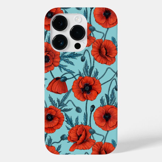 Poppies, red and blue on pool blue Case-Mate iPhone case (Back)