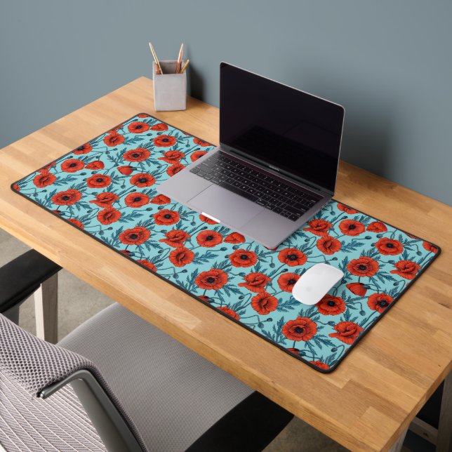 Poppies, red and blue on pool blue desk mat (Office 2)