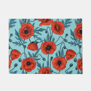 Poppies, red and blue on pool blue doormat