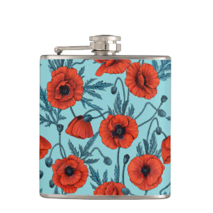 Poppies, red and blue on pool blue hip flask
