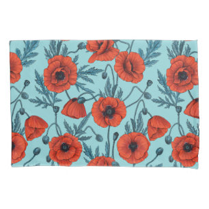 Poppies, red and blue on pool blue pillowcase