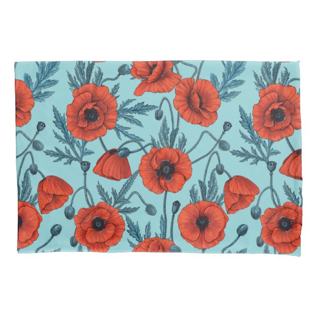 Poppies, red and blue on pool blue pillowcase (Front-Left)
