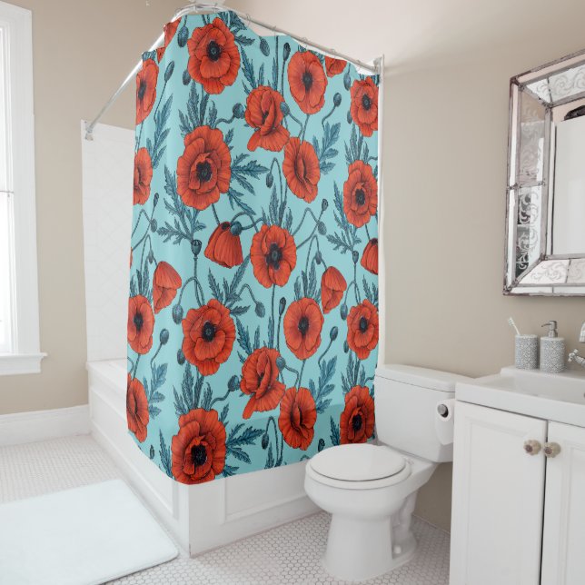 Poppies, red and blue on pool blue shower curtain (In Situ)