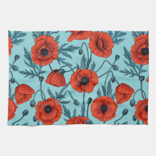 Poppies, red and blue on pool blue tea towel