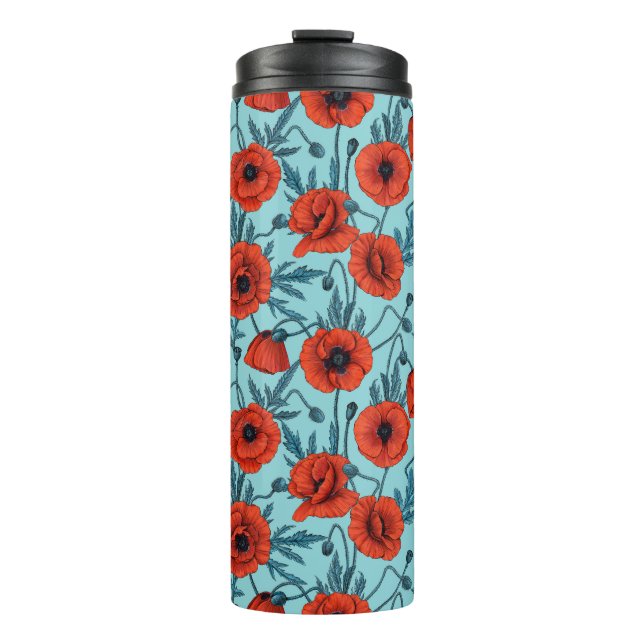 Poppies, red and blue on pool blue thermal tumbler (Front)