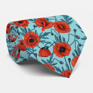 Poppies, red and blue on pool blue tie