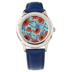 Poppies, red and blue on pool blue watch