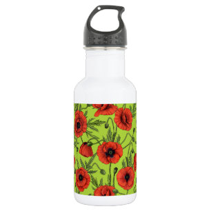 Poppies, red and green on lime green 532 ml water bottle
