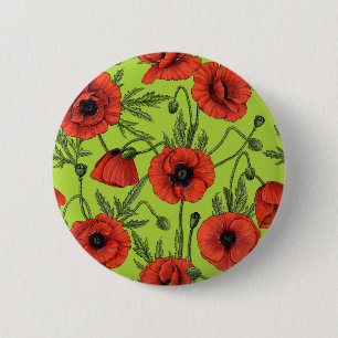 Poppies, red and green on lime green 6 cm round badge