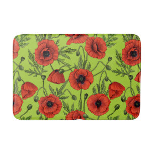 Poppies, red and green on lime green bath mat