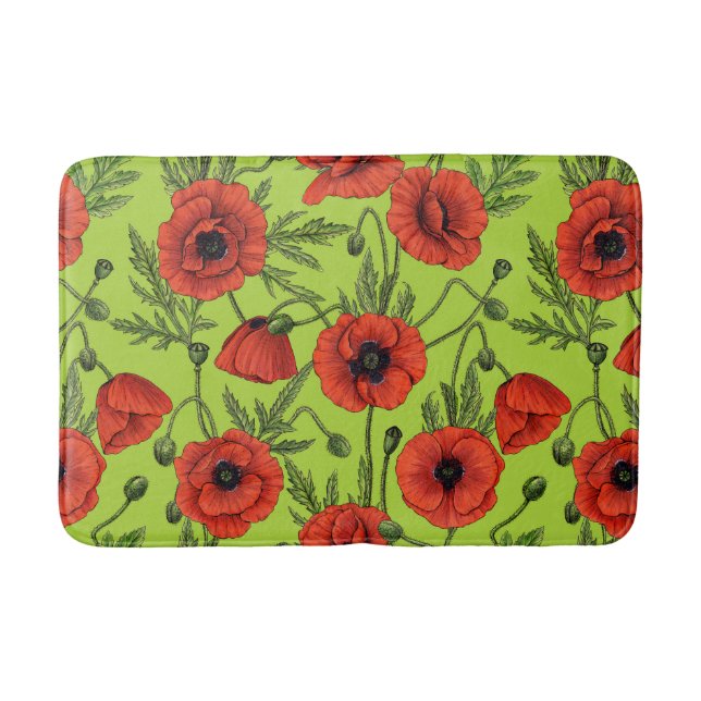Poppies, red and green on lime green bath mat (Front)
