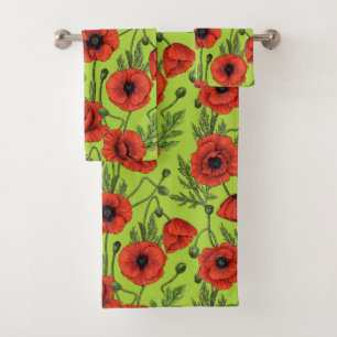 Poppies, red and green on lime green bath towel set