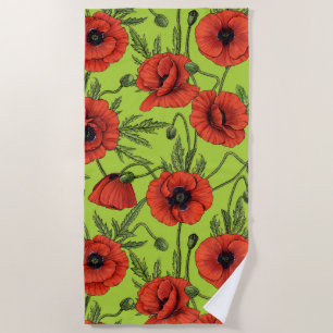Poppies, red and green on lime green beach towel