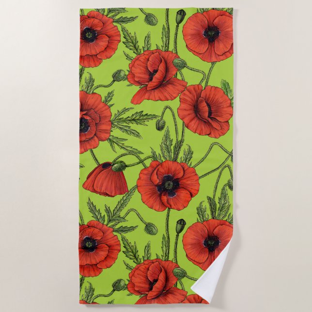 Poppies, red and green on lime green beach towel (Front)