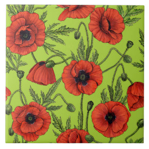 Poppies, red and green on lime green ceramic tile