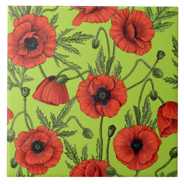 Poppies, red and green on lime green ceramic tile (Front)