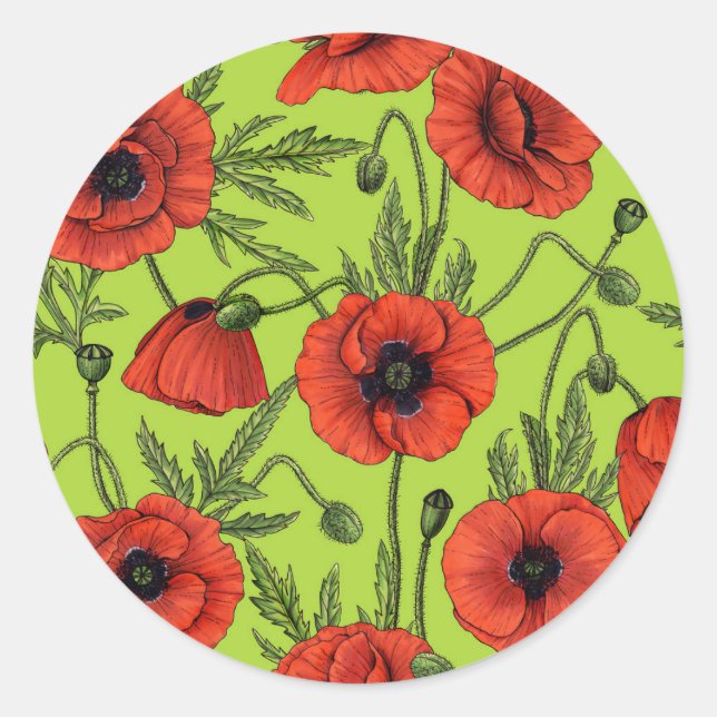 Poppies, red and green on lime green classic round sticker (Front)